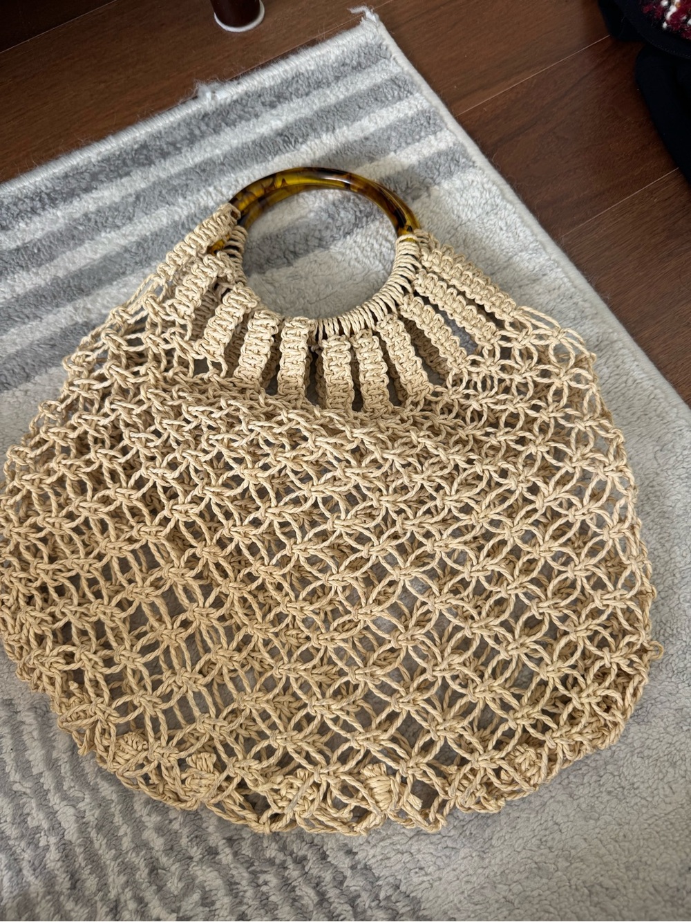 Woven Macrame Tote Bag with Tortoiseshell Handles - Natural